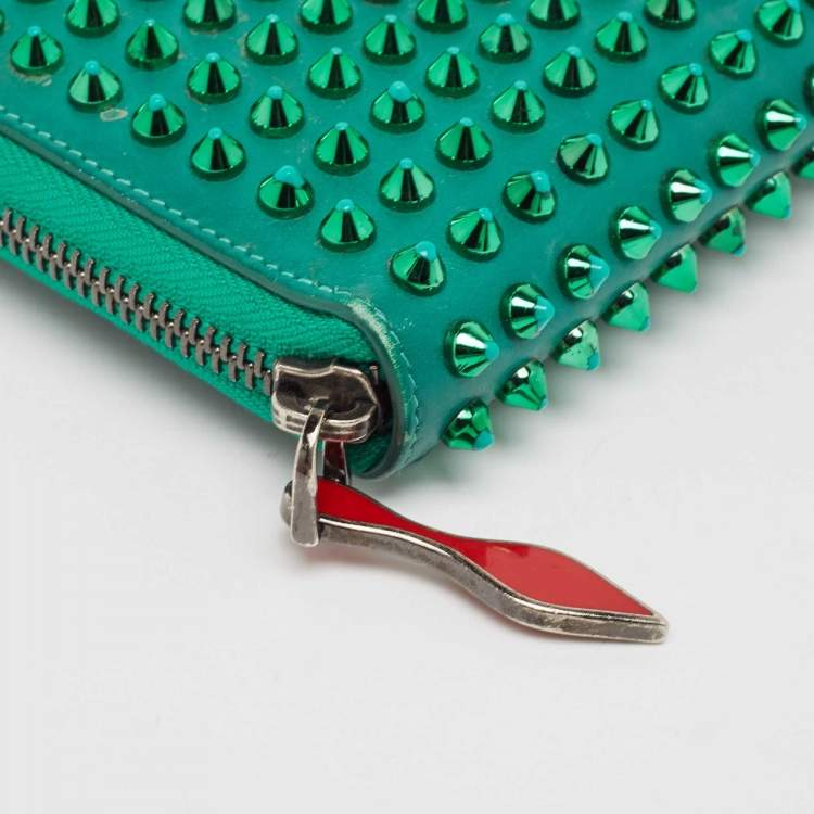 Pre Owned Christian Louboutin Green Leather Spike Studded Zip Continental Wallet