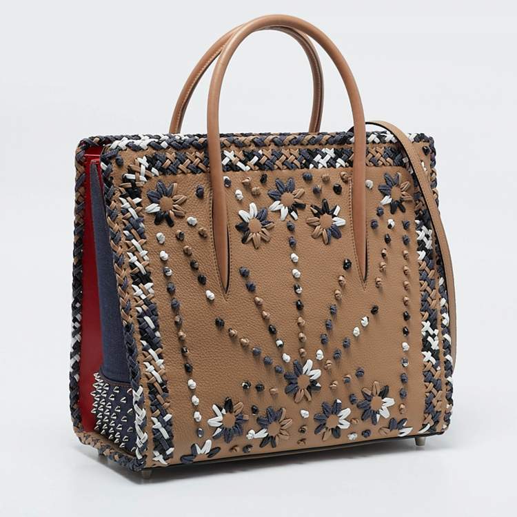 Pre Owned Christian Louboutin Beige/Blue Leather Large Mexinodo Beaded Paloma Tote