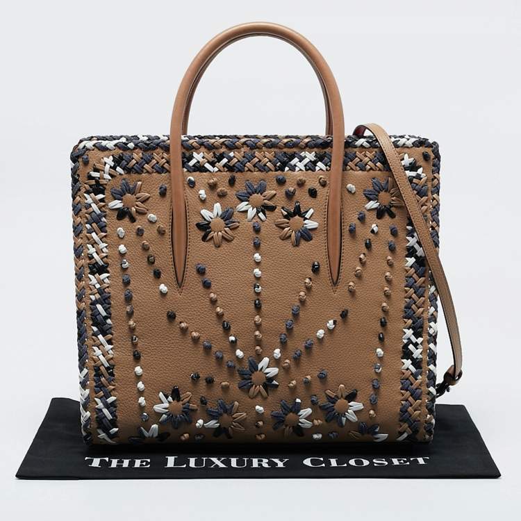 Pre Owned Christian Louboutin Beige/Blue Leather Large Mexinodo Beaded Paloma Tote