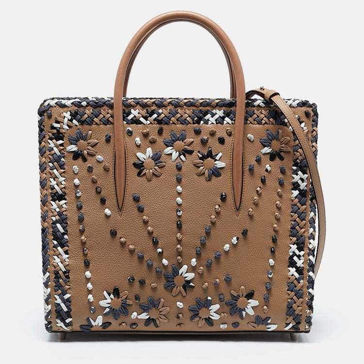Pre Owned Christian Louboutin Beige/Blue Leather Large Mexinodo Beaded Paloma Tote