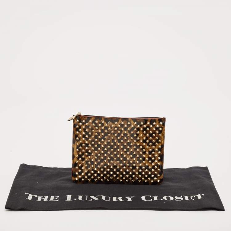 Pre Owned Christian Louboutin Brown Leopard Print Patent Leather Spikes Zip Pouch Clutch