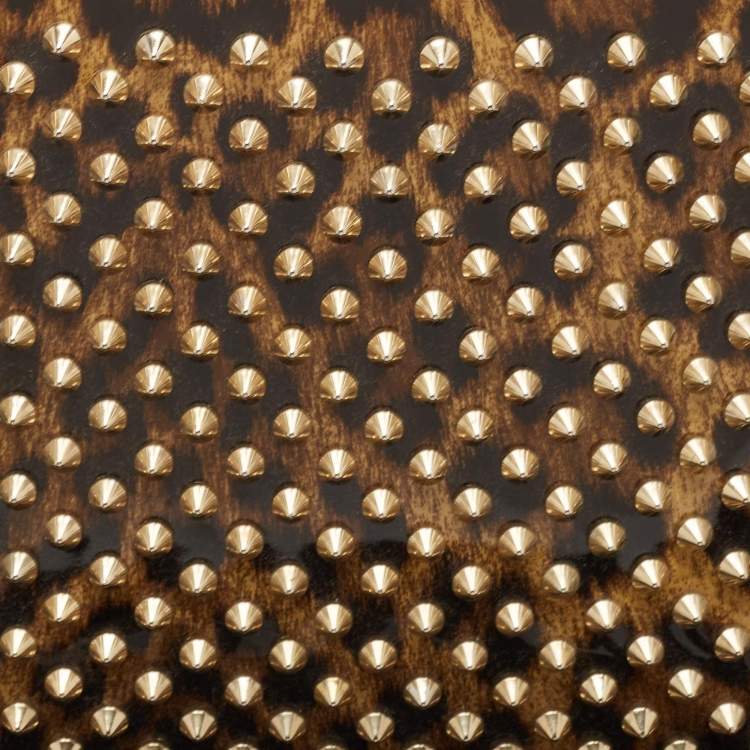 Pre Owned Christian Louboutin Brown Leopard Print Patent Leather Spikes Zip Pouch Clutch