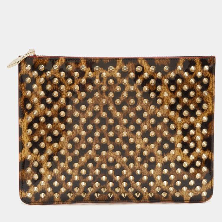 Pre Owned Christian Louboutin Brown Leopard Print Patent Leather Spikes Zip Pouch Clutch