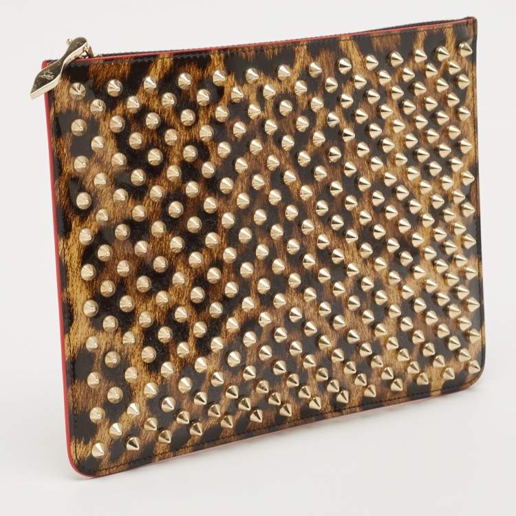 Pre Owned Christian Louboutin Brown Leopard Print Patent Leather Spikes Zip Pouch Clutch