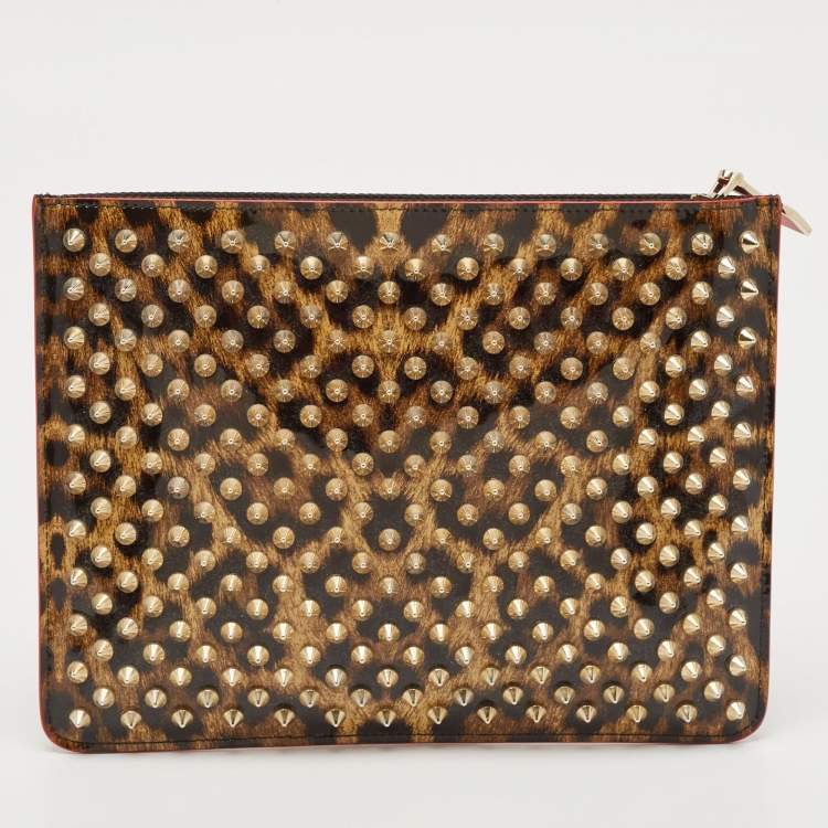 Pre Owned Christian Louboutin Brown Leopard Print Patent Leather Spikes Zip Pouch Clutch