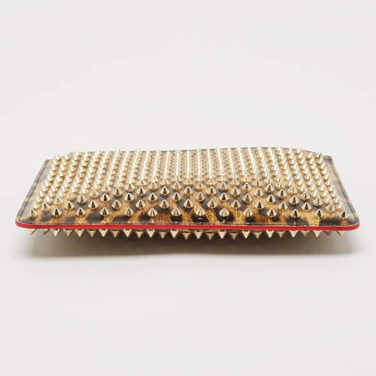 Pre Owned Christian Louboutin Brown Leopard Print Patent Leather Spikes Zip Pouch Clutch