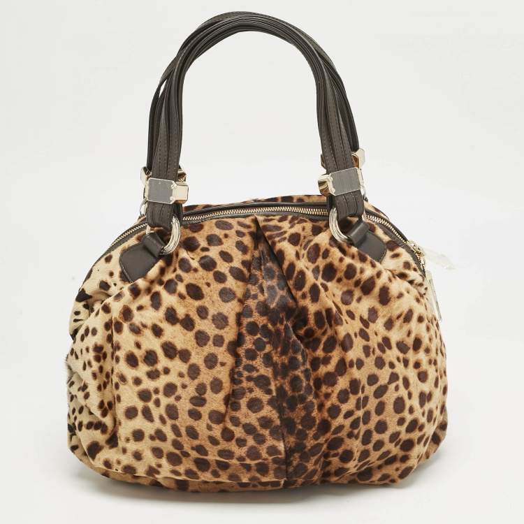 Pre Owned Christian Louboutin Brown Leopard Print Calfhair and Leather Pleated Satchel