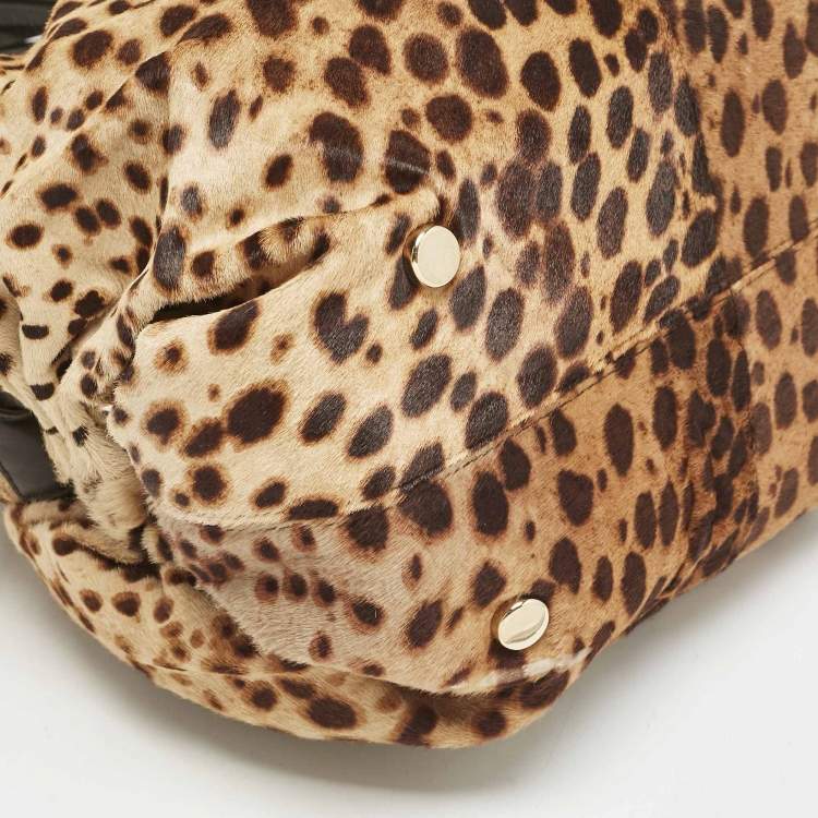 Pre Owned Christian Louboutin Brown Leopard Print Calfhair and Leather Pleated Satchel