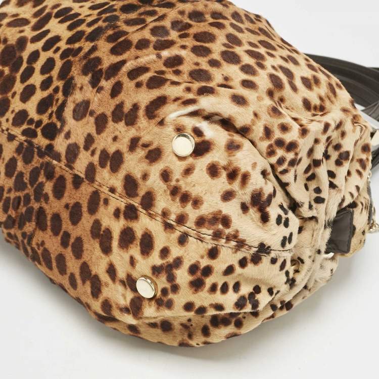 Pre Owned Christian Louboutin Brown Leopard Print Calfhair and Leather Pleated Satchel
