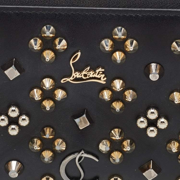 Pre Owned Christian Louboutin Black Leather Spike Panettone Zip Around Wallet