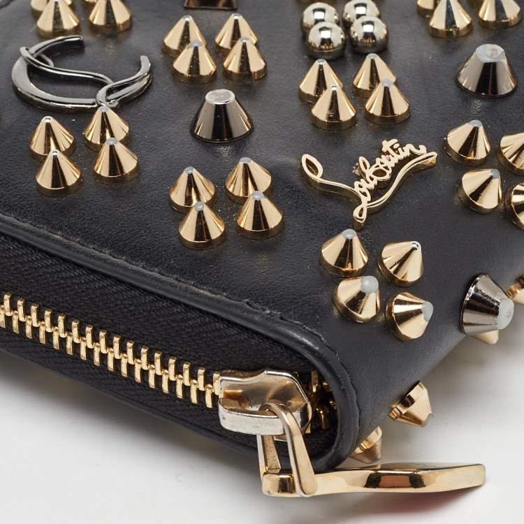 Pre Owned Christian Louboutin Black Leather Spike Panettone Zip Around Wallet