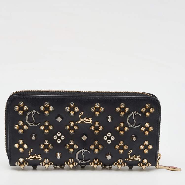 Pre Owned Christian Louboutin Black Leather Spike Panettone Zip Around Wallet