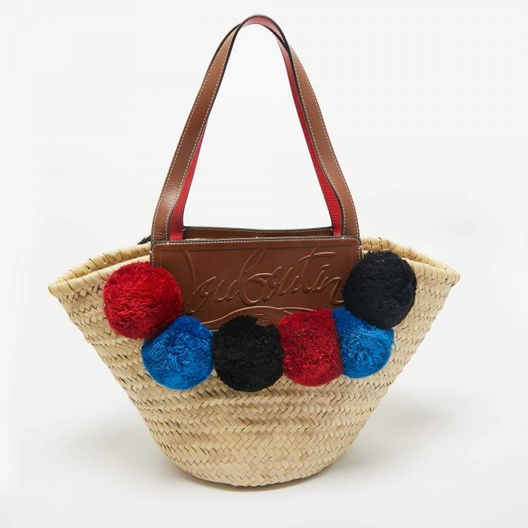 Pre Owned Christian Louboutin Tan/Natural Raffia Palm Pompom Loubishore Basket Bag