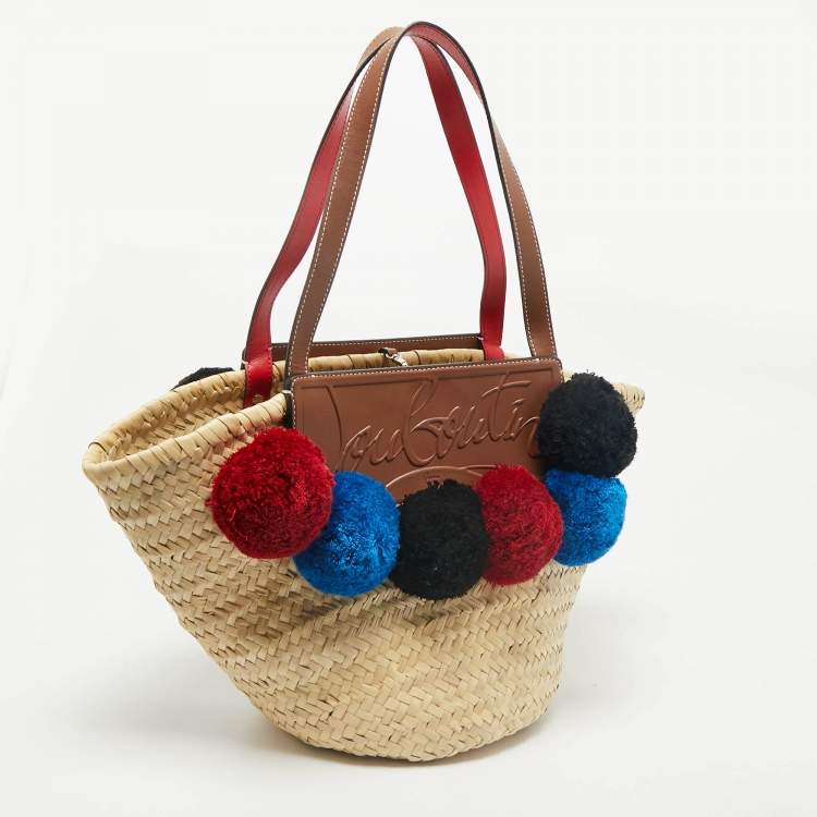 Pre Owned Christian Louboutin Tan/Natural Raffia Palm Pompom Loubishore Basket Bag