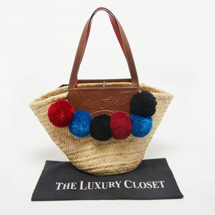 Pre Owned Christian Louboutin Tan/Natural Raffia Palm Pompom Loubishore Basket Bag