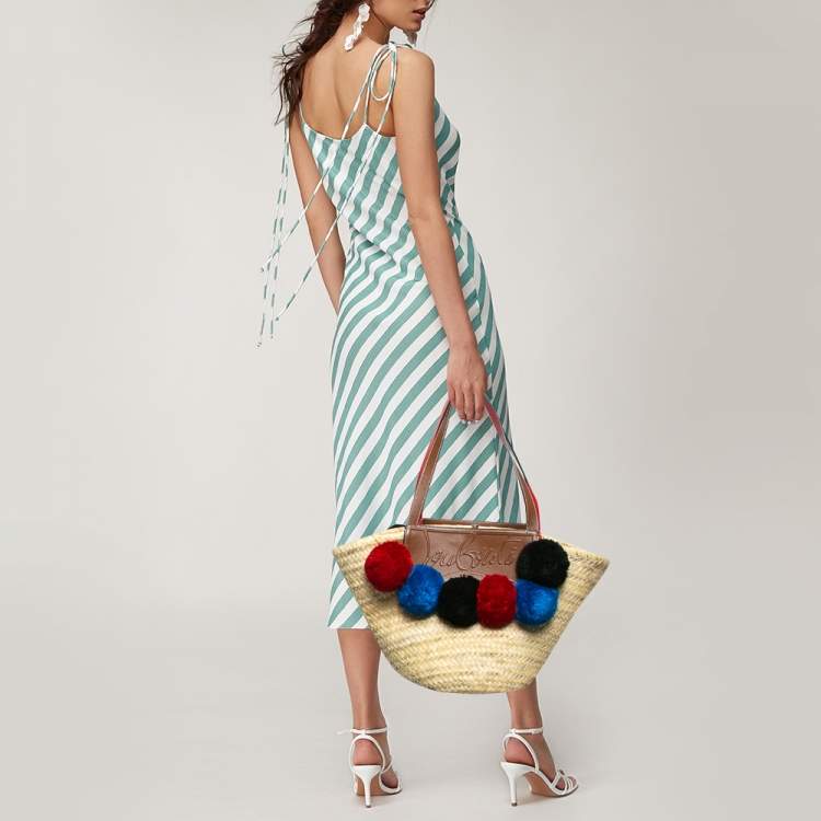 Pre Owned Christian Louboutin Tan/Natural Raffia Palm Pompom Loubishore Basket Bag
