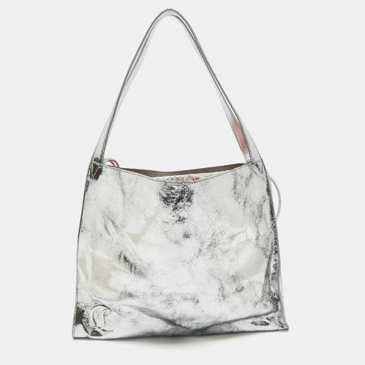 Pre Owned Christian Louboutin Silver Crackled Patent Leather Le 54 Tote