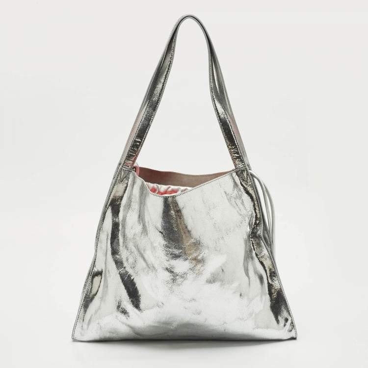 Pre Owned Christian Louboutin Silver Crackled Laminated Leather Le 54 Tote