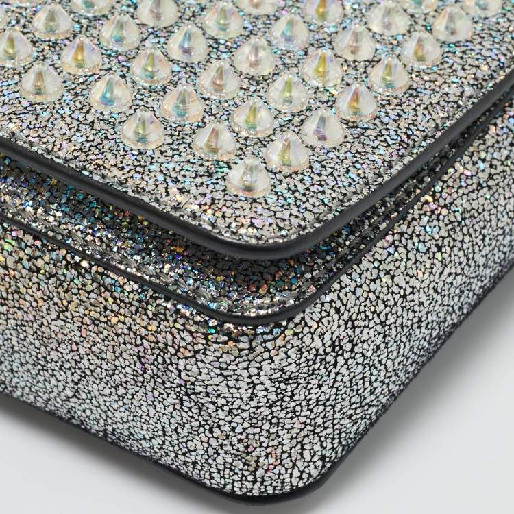 Pre Owned Christian Louboutin Silver Glitter Leather Zoom Spike Crossbody Bag