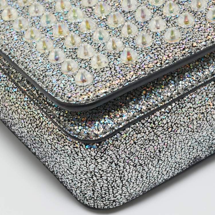 Pre Owned Christian Louboutin Silver Glitter Leather Zoom Spike Crossbody Bag