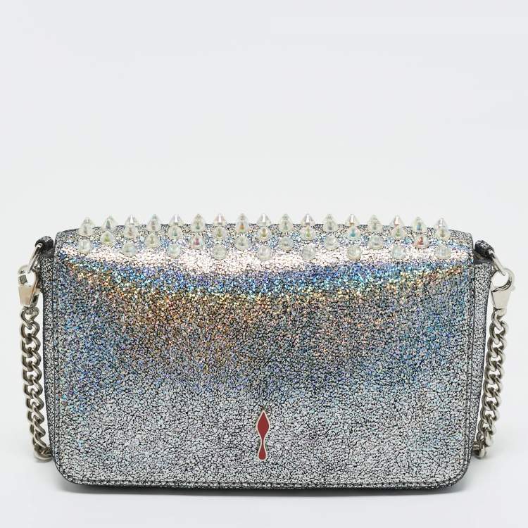 Pre Owned Christian Louboutin Silver Glitter Leather Zoom Spike Crossbody Bag