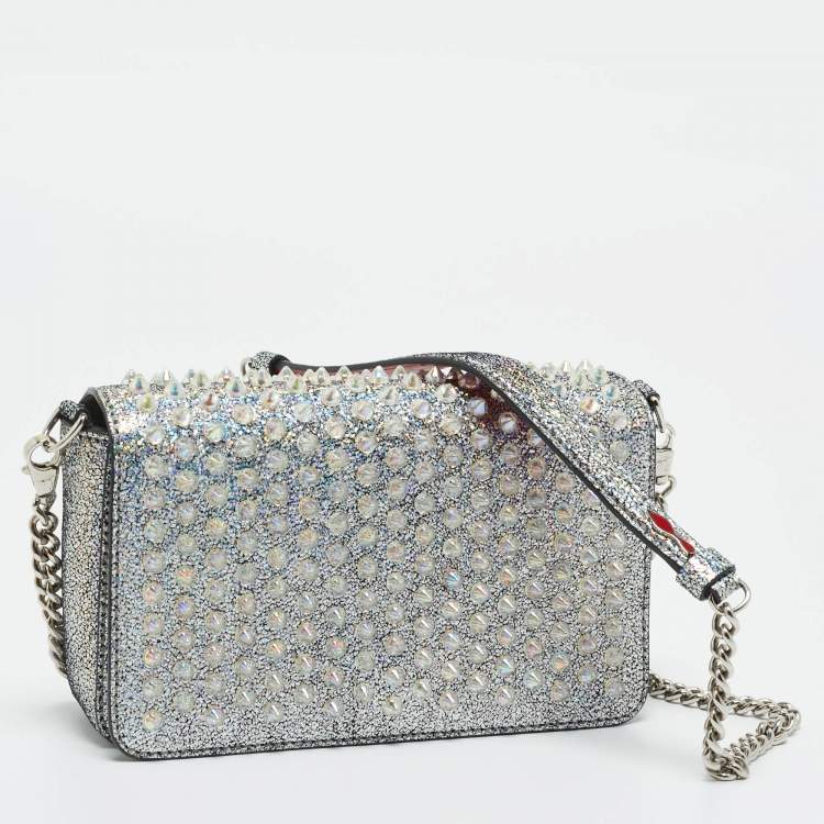 Pre Owned Christian Louboutin Silver Glitter Leather Zoom Spike Crossbody Bag
