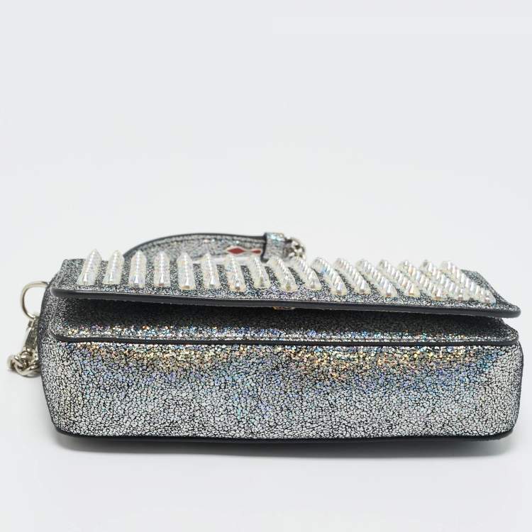 Pre Owned Christian Louboutin Silver Glitter Leather Zoom Spike Crossbody Bag