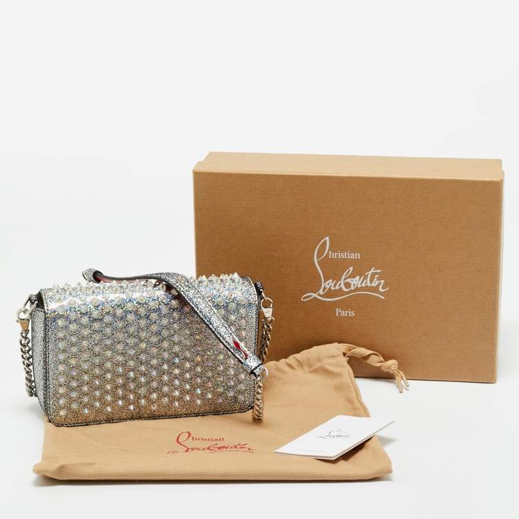 Pre Owned Christian Louboutin Silver Glitter Leather Zoom Spike Crossbody Bag