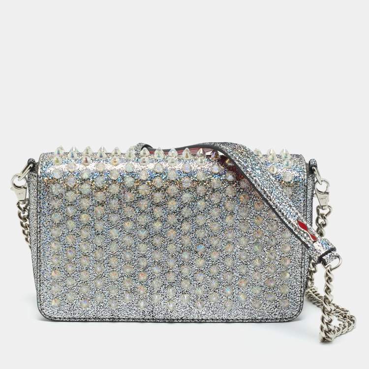 Pre Owned Christian Louboutin Silver Glitter Leather Zoom Spike Crossbody Bag
