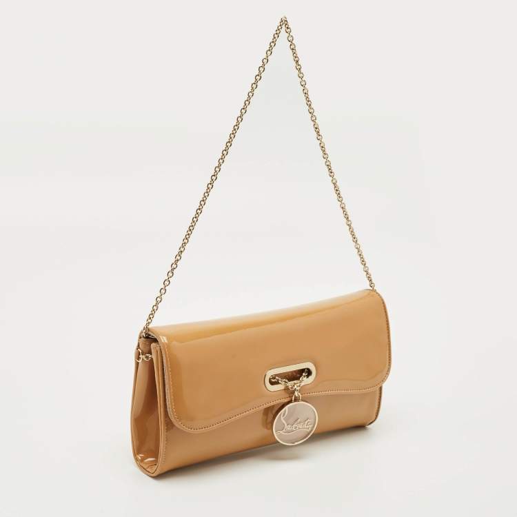 Pre Owned Christian Louboutin Beige Patent Leather Riviera Flap Chain Clutch