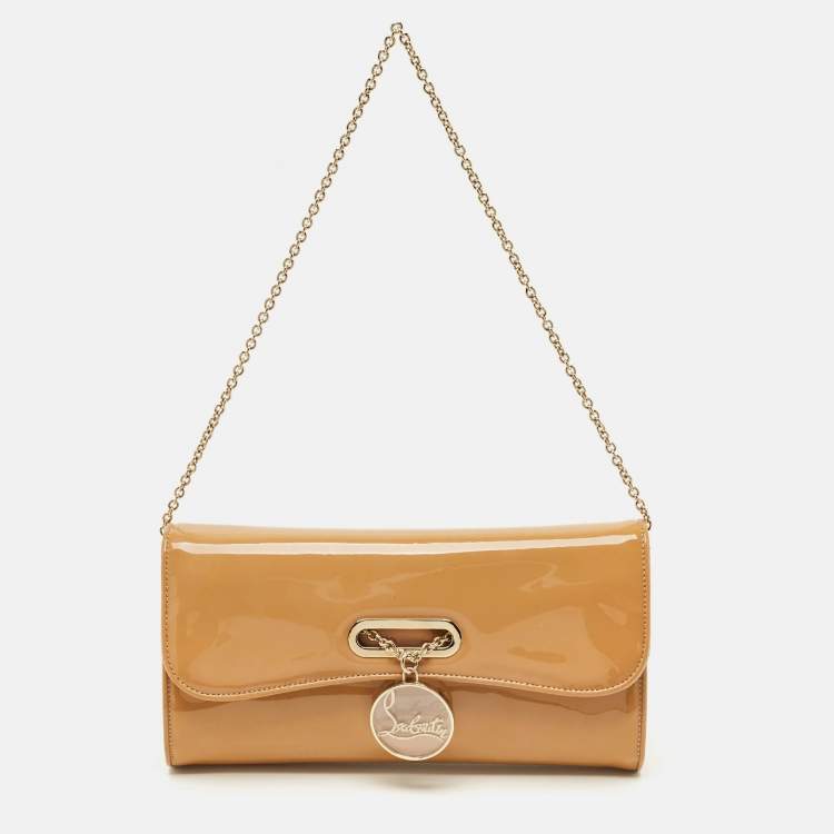 Pre Owned Christian Louboutin Beige Patent Leather Riviera Flap Chain Clutch