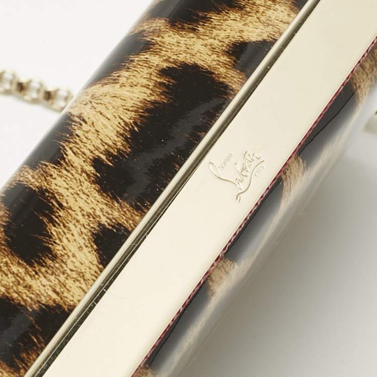 Pre Owned Christian Louboutin Brown Leopard Print Patent Leather Vanite Chain Clutch 