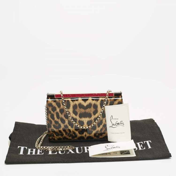Pre Owned Christian Louboutin Brown Leopard Print Patent Leather Vanite Chain Clutch 