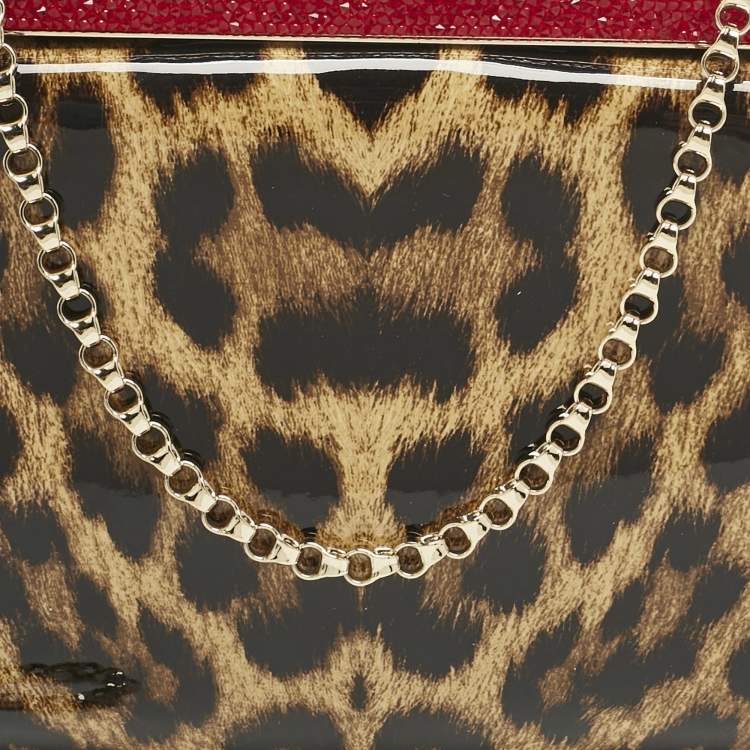 Pre Owned Christian Louboutin Brown Leopard Print Patent Leather Vanite Chain Clutch 