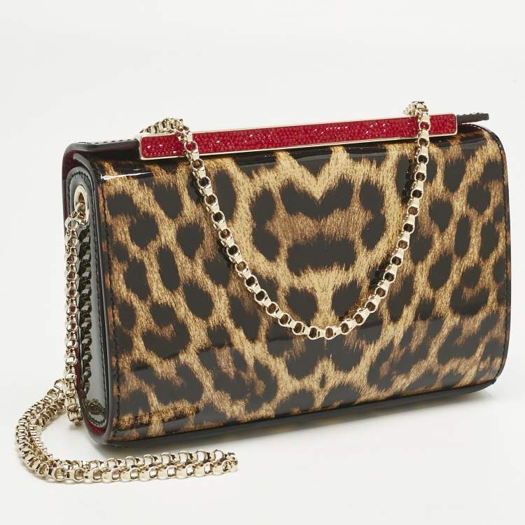 Pre Owned Christian Louboutin Brown Leopard Print Patent Leather Vanite Chain Clutch 