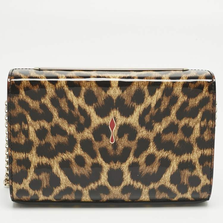 Pre Owned Christian Louboutin Brown Leopard Print Patent Leather Vanite Chain Clutch 