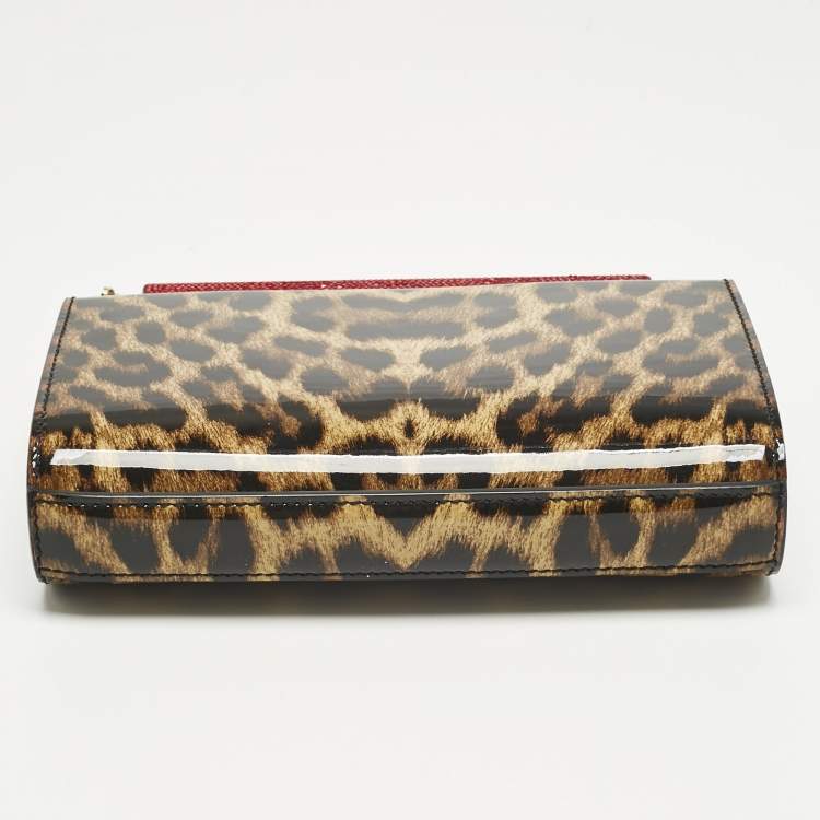 Pre Owned Christian Louboutin Brown Leopard Print Patent Leather Vanite Chain Clutch 