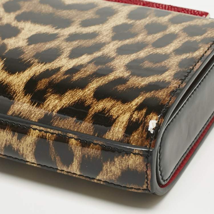 Pre Owned Christian Louboutin Brown Leopard Print Patent Leather Vanite Chain Clutch 