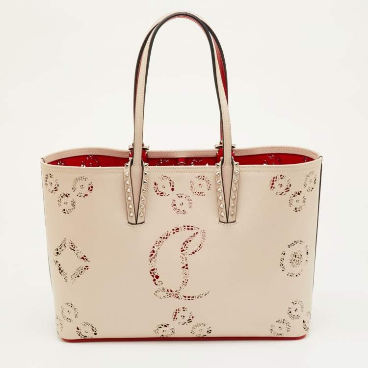 Pre Owned Christian Louboutin Cabata Small Beige Perforated Leather Spikes Shopper Tote
