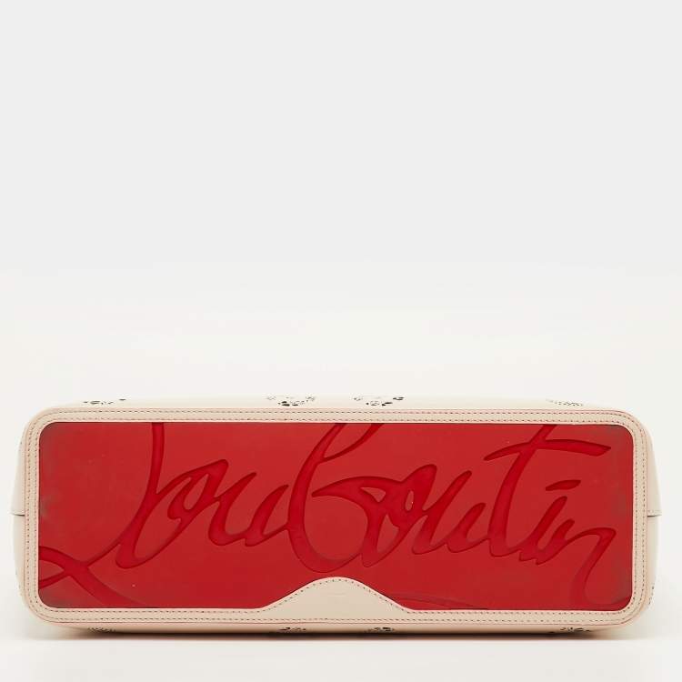 Pre Owned Christian Louboutin Cabata Small Beige Perforated Leather Spikes Shopper Tote