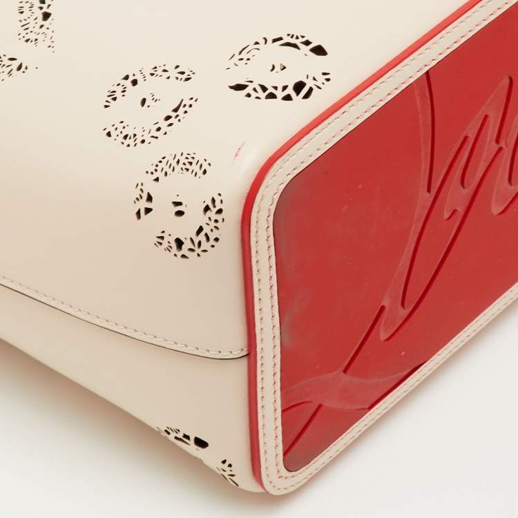 Pre Owned Christian Louboutin Cabata Small Beige Perforated Leather Spikes Shopper Tote