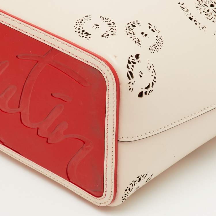 Pre Owned Christian Louboutin Cabata Small Beige Perforated Leather Spikes Shopper Tote