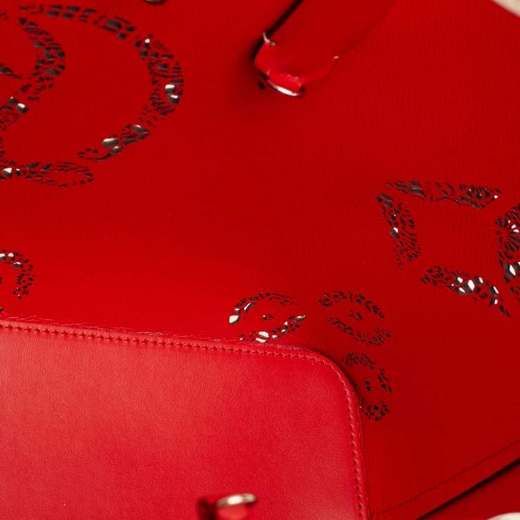 Pre Owned Christian Louboutin Cabata Small Beige Perforated Leather Spikes Shopper Tote