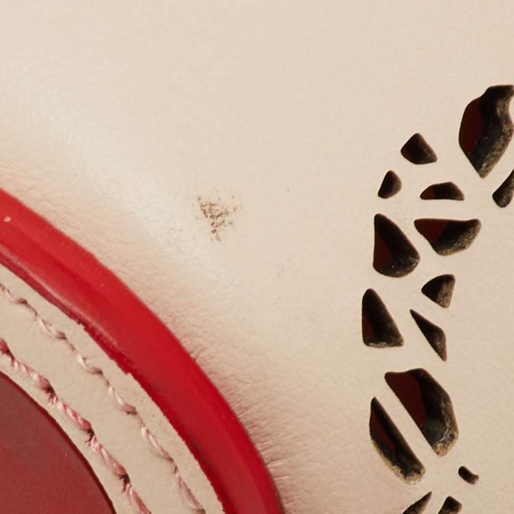 Pre Owned Christian Louboutin Cabata Small Beige Perforated Leather Spikes Shopper Tote