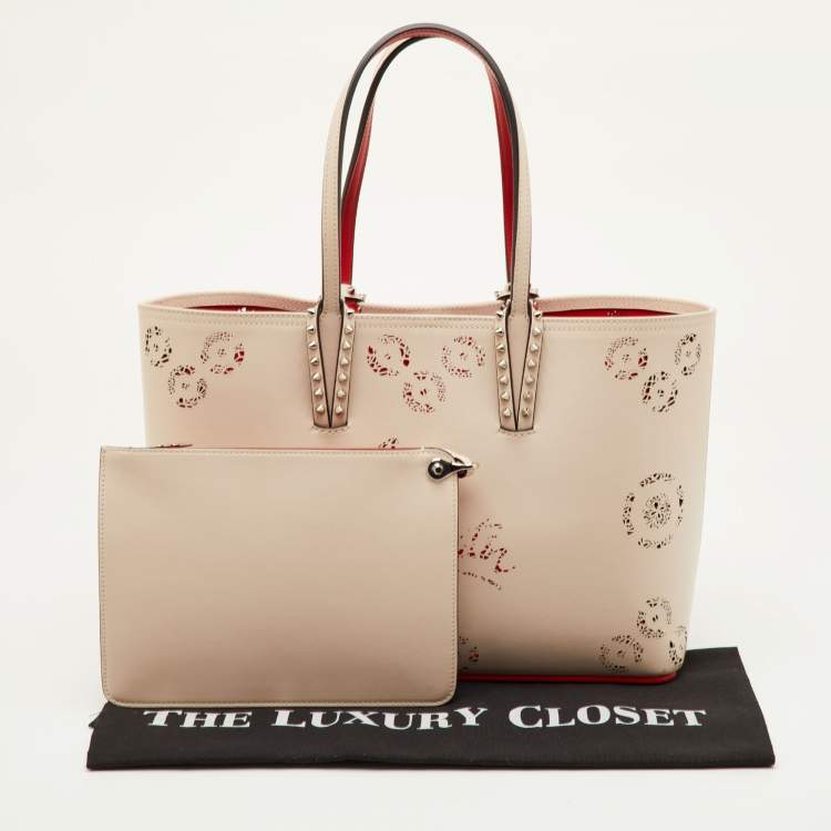 Pre Owned Christian Louboutin Cabata Small Beige Perforated Leather Spikes Shopper Tote