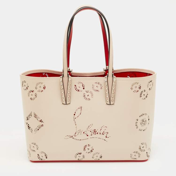 Pre Owned Christian Louboutin Cabata Small Beige Perforated Leather Spikes Shopper Tote