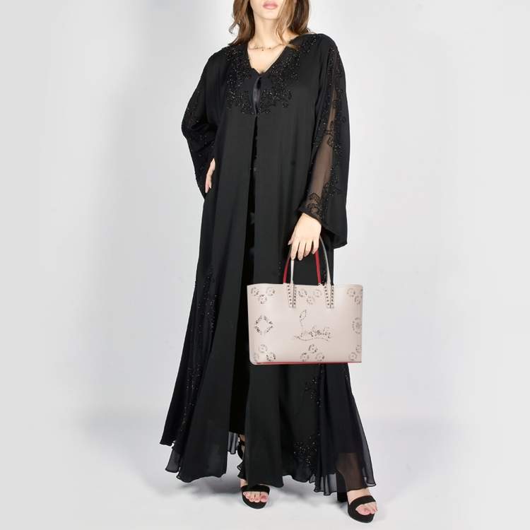 Pre Owned Christian Louboutin Cabata Small Beige Perforated Leather Spikes Shopper Tote