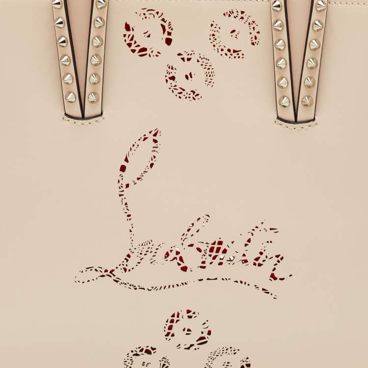 Pre Owned Christian Louboutin Cabata Small Beige Perforated Leather Spikes Shopper Tote