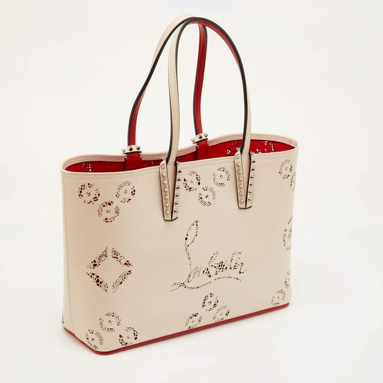 Pre Owned Christian Louboutin Cabata Small Beige Perforated Leather Spikes Shopper Tote
