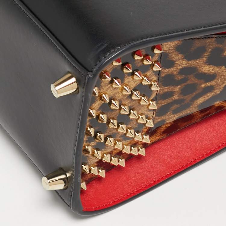 Pre Owned Christian Louboutin Paloma Medium Black/Beige Leopard Print Patent and Leather Tote